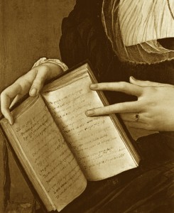 Hand holding book, detail of Bronzino painting