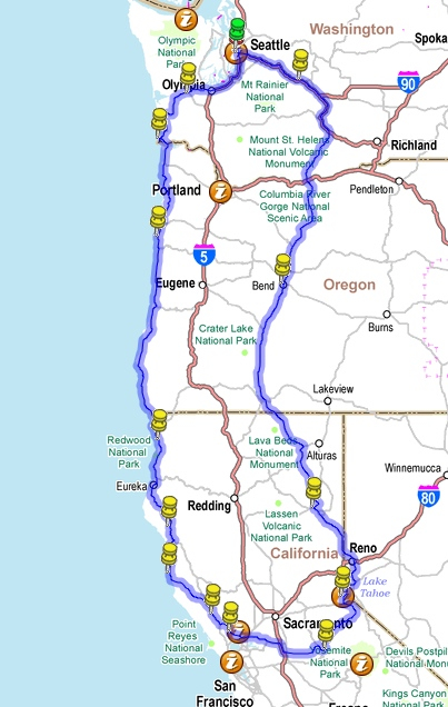 map of Oregon, Washington, California